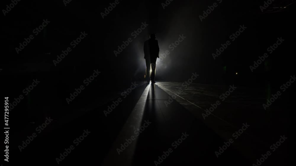 Silhouette of a man in a suit leaves the stage 4K. Mystical atmosphere, smoke, spotlight. Person in the dark