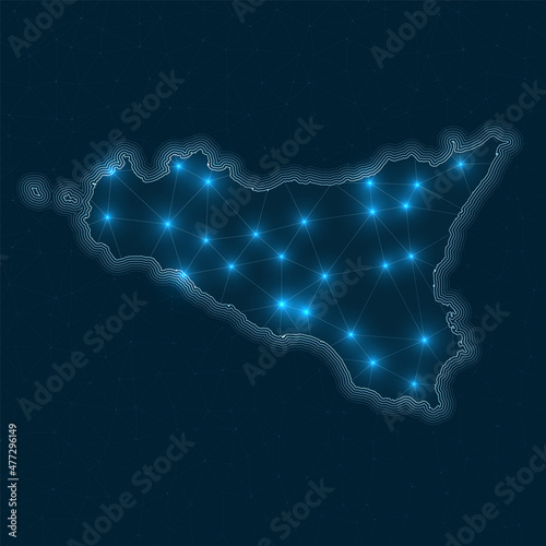Sicilia network map. Abstract geometric map of the island. Digital connections and telecommunication design. Glowing internet network. Astonishing vector illustration.
