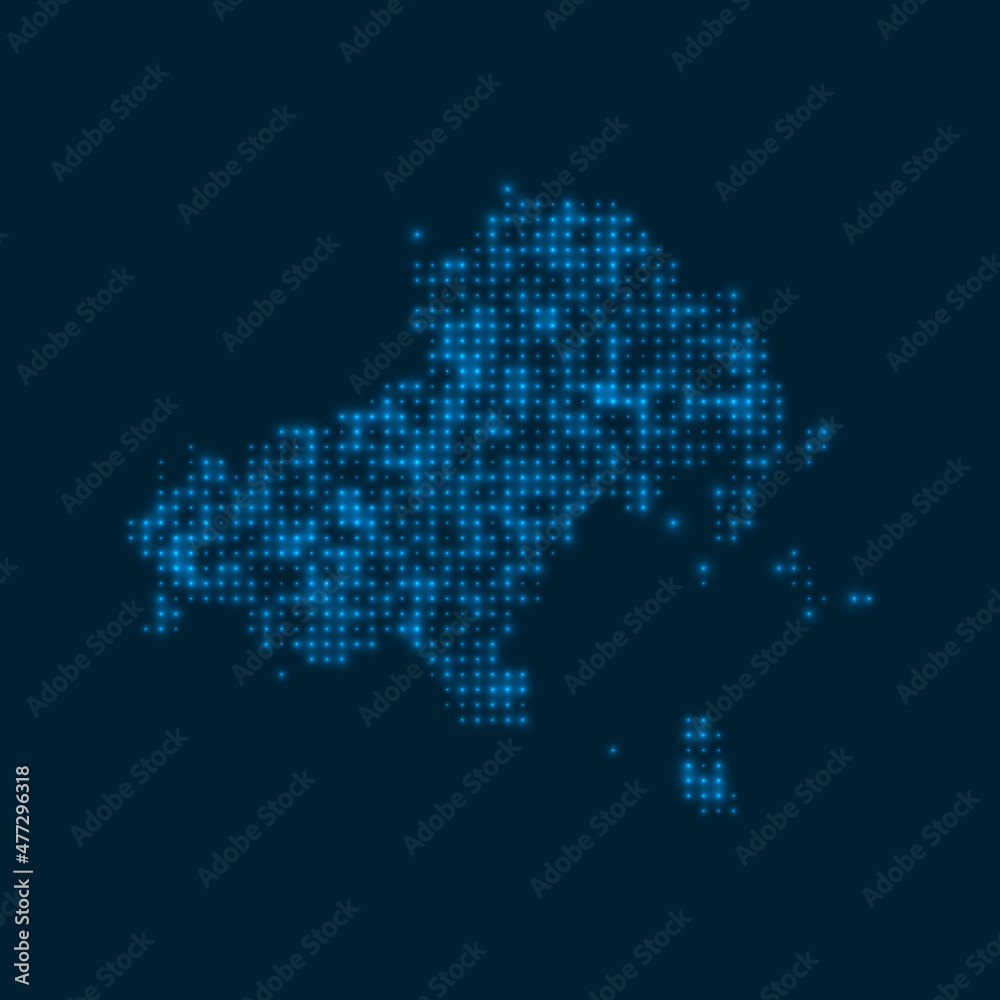 Skiathos dotted glowing map. Shape of the island with blue bright bulbs. Vector illustration.