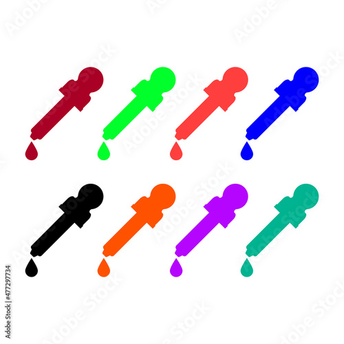 Eye dropper pipette with a drop. Set of colored bright vector illustrations and clipart.