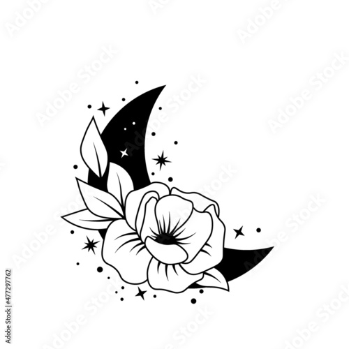 Black and white boho moon and rose flower with stars. Mystical vector illustration isolated on white background. Clipart with crescent moon. Floral magic line art for card, logo, fabric print, tattoo.
