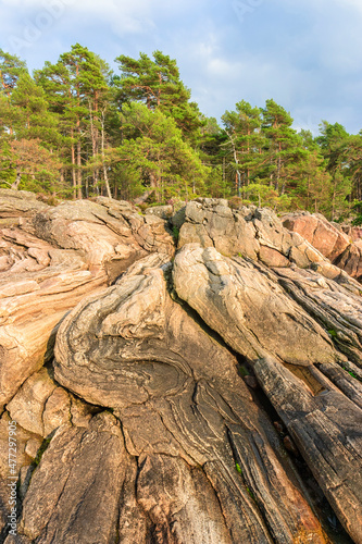 Rock formations in beautiful sunlight at a forest photo