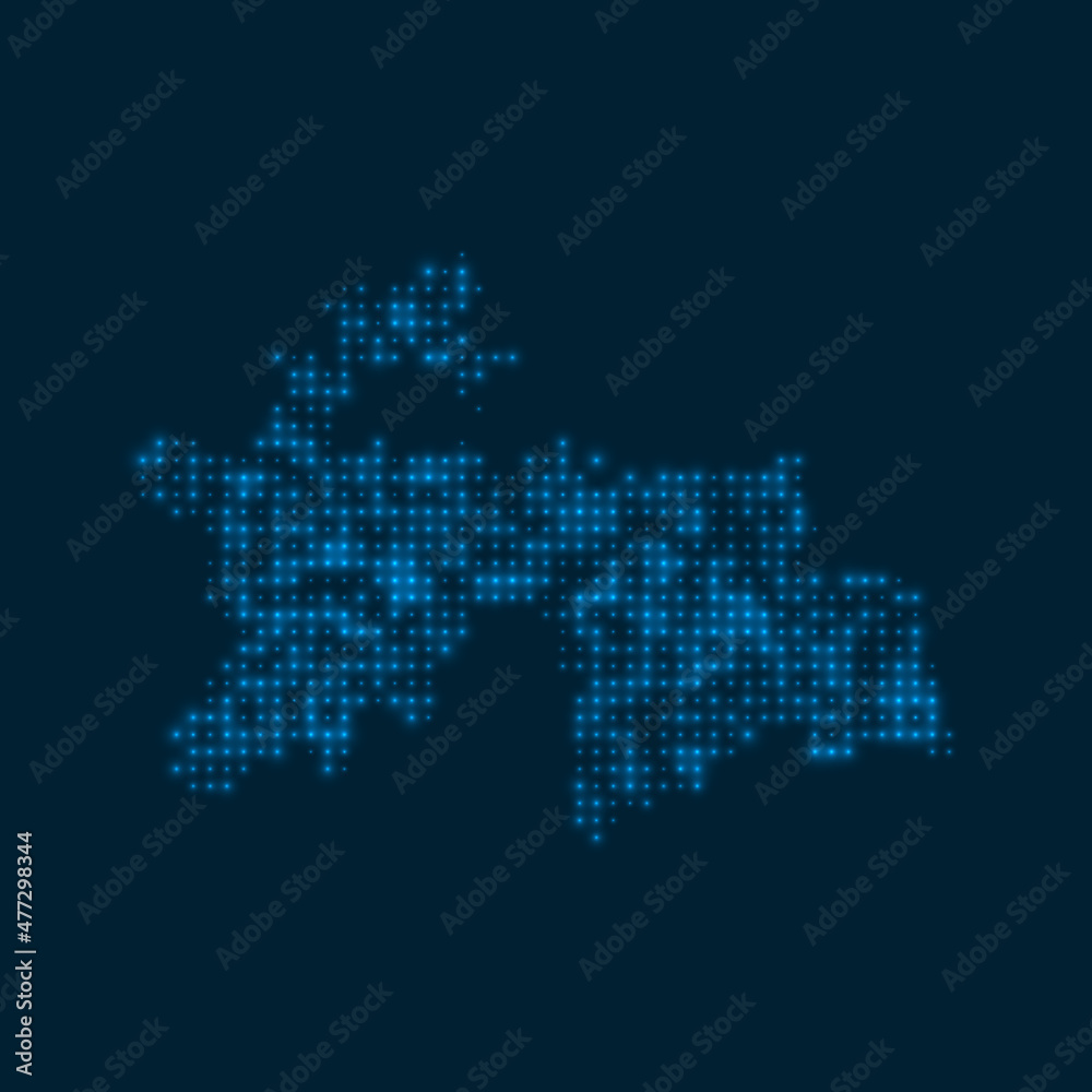 Tajikistan dotted glowing map. Shape of the country with blue bright bulbs. Vector illustration.