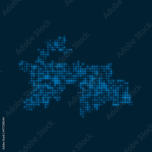 Tajikistan dotted glowing map. Shape of the country with blue bright bulbs. Vector illustration.