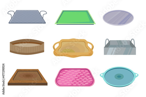 Trays for dish set. Vector illustrations of kitchen, restaurant or cafeteria salvers of rectangular and round shape. Cartoon empty plates in wood, plastic, metal isolated on white. Kitchenware concept
