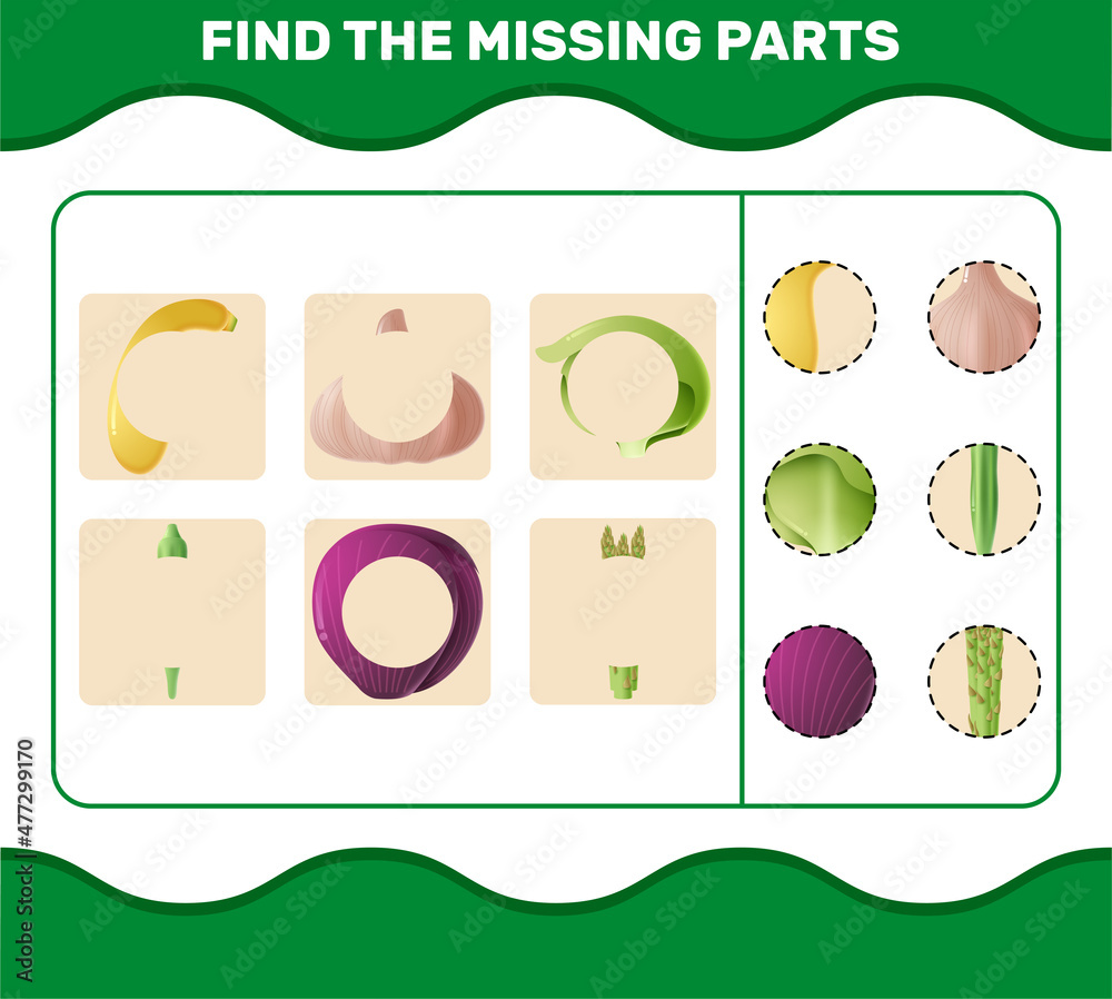 Match cartoon vegetables parts. Matching game. Educational game for pre shool years kids and toddlers