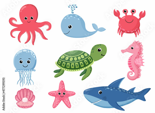 Cartoon sea animals. Cute ocean fish, octopus, shark and turtle, jellyfish, crab and seal. Underwater wildlife creatures vector illustration set © Ira