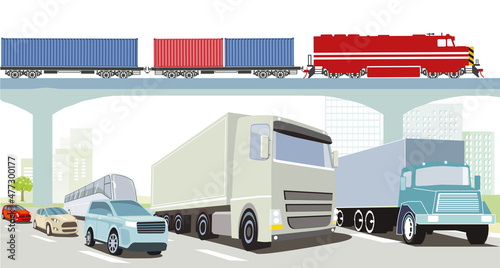 Autobahn mit  LKW Transport und Güterzug