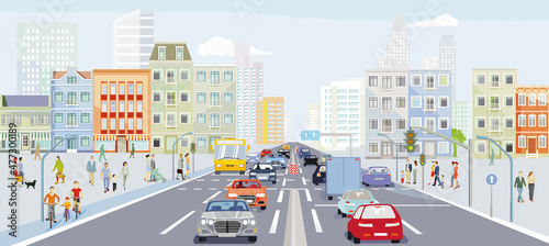 Stadt mit Straßenverkehr und Fußgänger auf den Bürgersteig photo