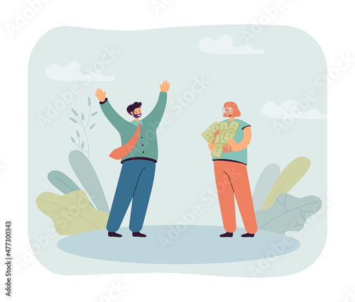 Female sponsor or money lender giving cash to happy businessman. Investor holding banknotes and coins flat vector illustration. Finances, success, investment concept for banner or landing web page