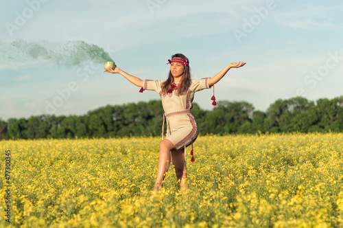 girl in spring blossoming field