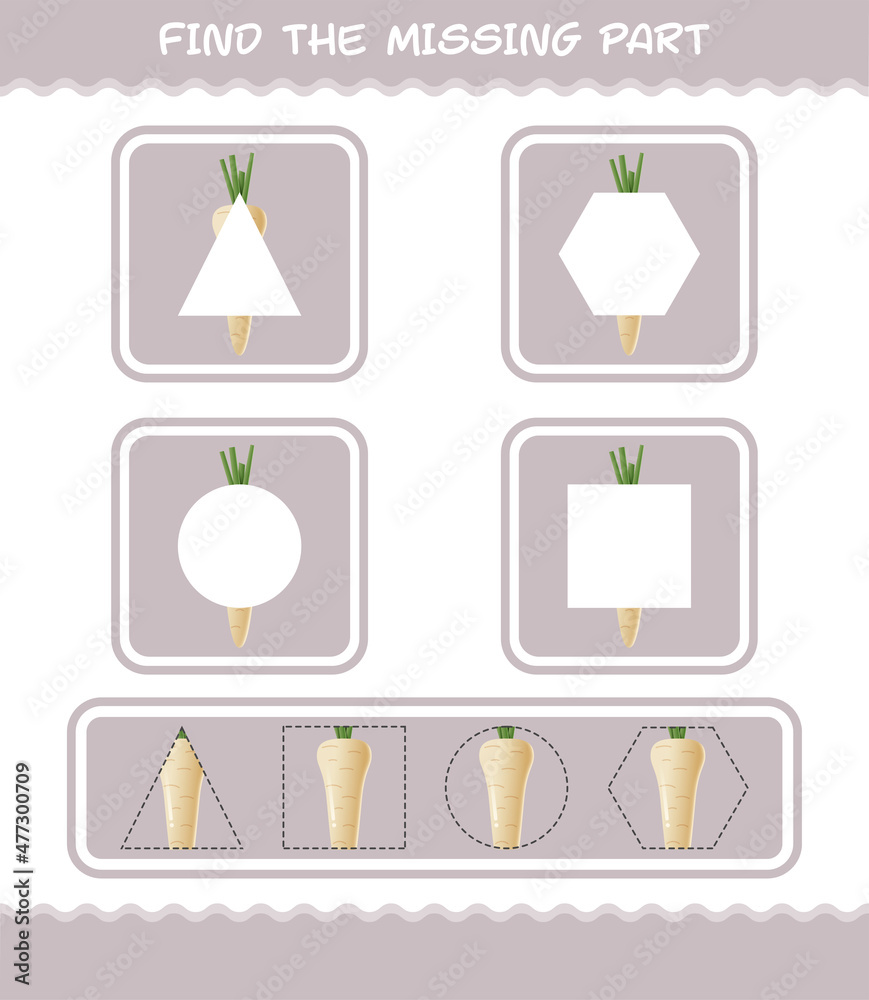 Match cartoon parsnip parts. Matching game. Educational game for pre shool years kids and toddlers Match cartoon parsnip parts. Matching game. Educational game for pre shool years kids and toddlers