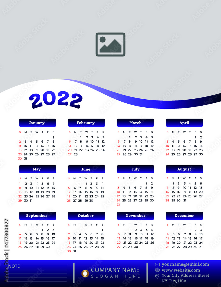 Single Page Wall Calendar 2022 Template Design Idea Vector illustrator