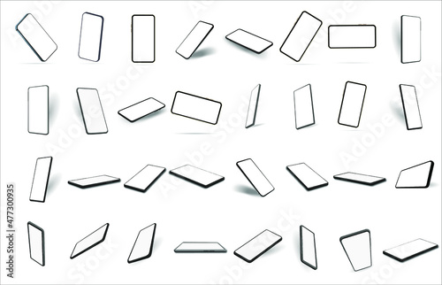 Smartphone icons Black and white collection. Various devices for presentation template and mockups. Cell phone frame with blank screen templates, different angle views of the phone. 3D illustration.