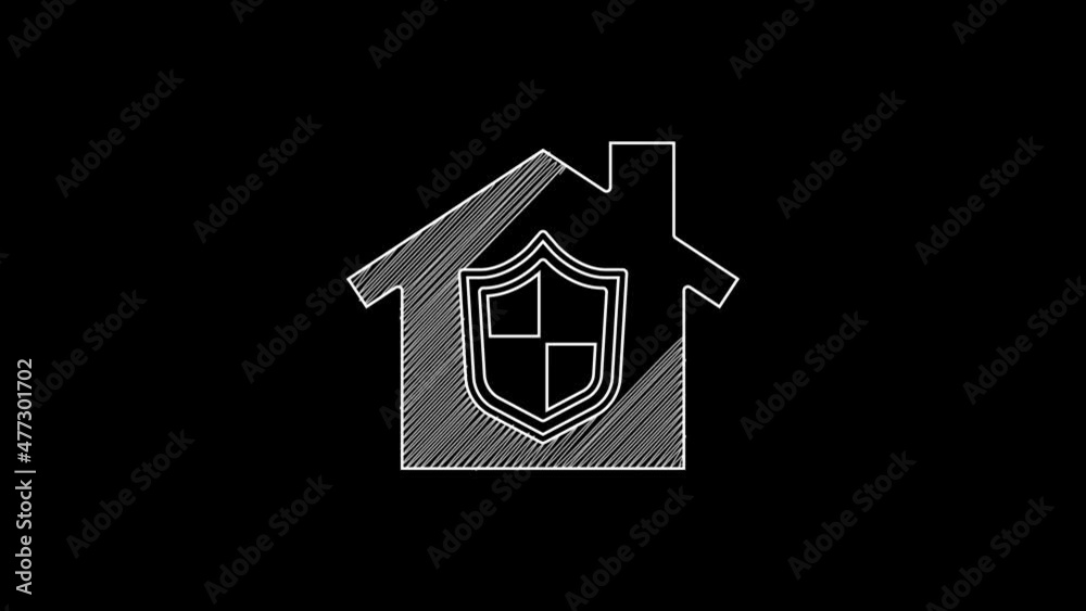 White line House under protection icon isolated on black background. Home and shield. Protection, safety, security, protect, defense concept. 4K Video motion graphic animation