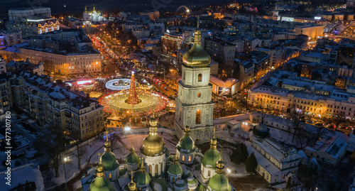 Beatiful view of Christmas on Sophia Square in Kyiv, Ukraine. Main Kyiv's New Year tree and Saint Sophia Cathedral on the background view
