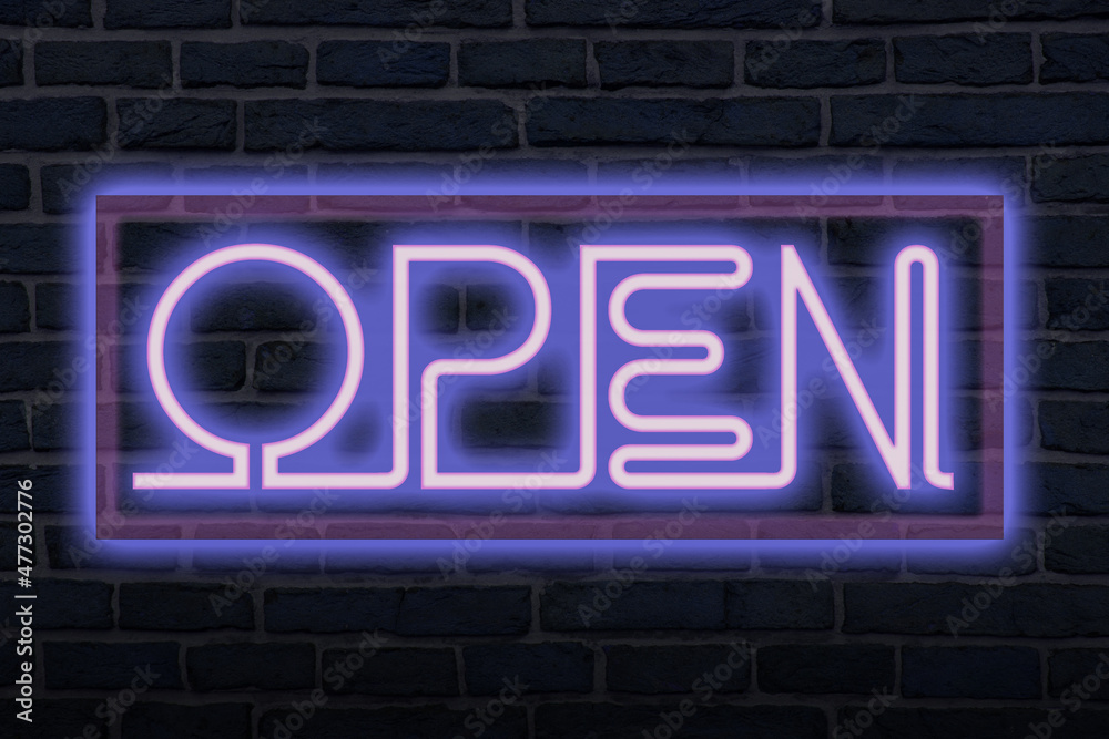 A bright pink and blue neon sign which says open. A bright pink and blue neon sign which says open.