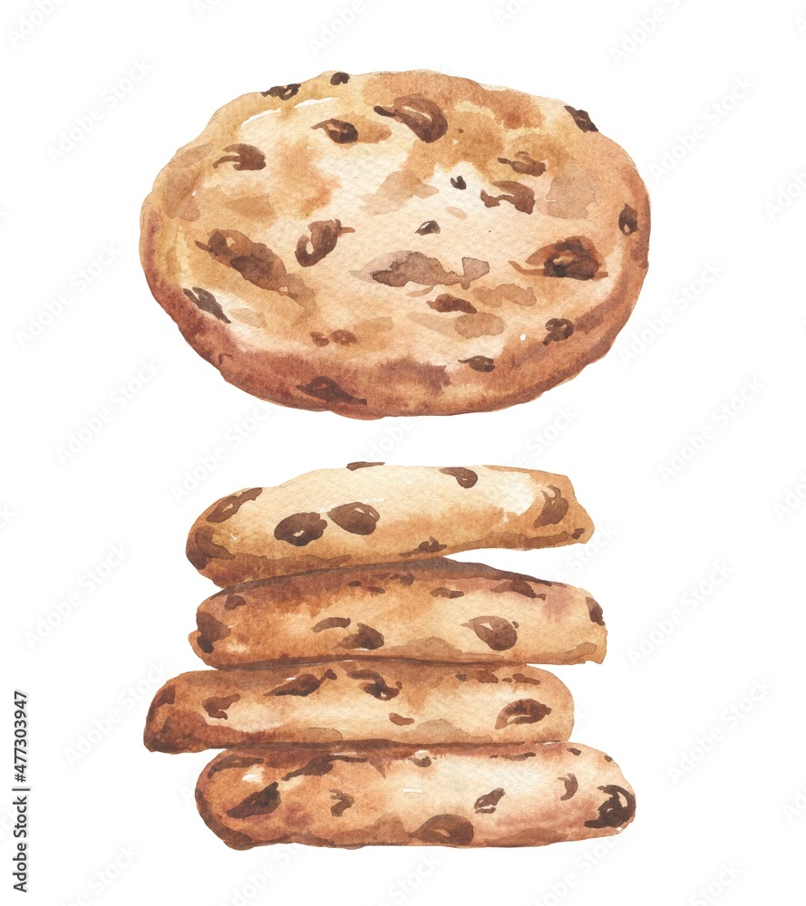 Watercolor chocolate chip cookies on white background. Watercolour food illustration. Watercolor chocolate chip cookies on white background. Watercolour food illustration.