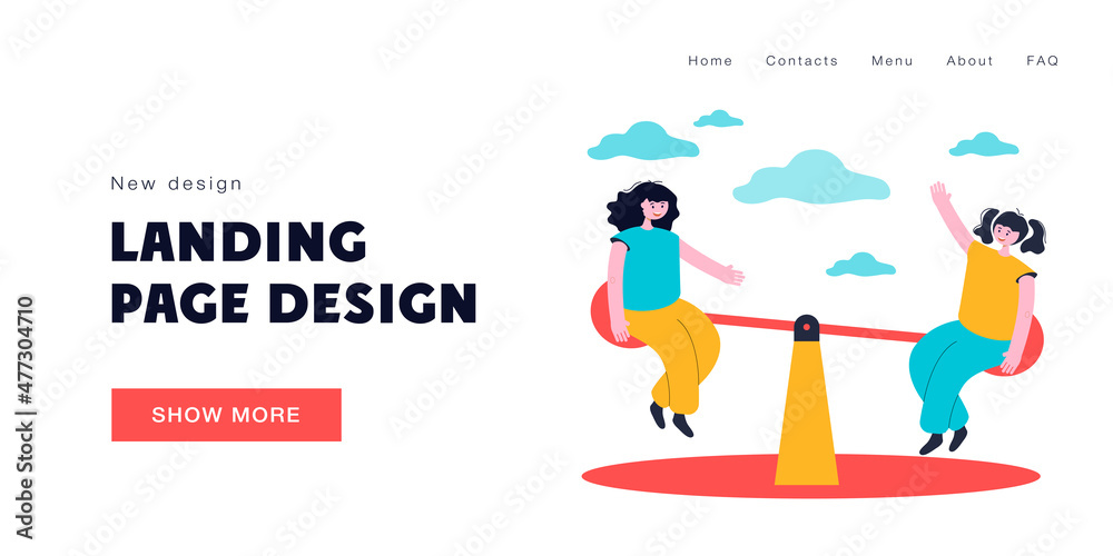 Children riding teeter-totter vector illustration. Two little girl on seesaw. Happy kids spending time together, playing. Childhood concept for banner, website design, landing web page