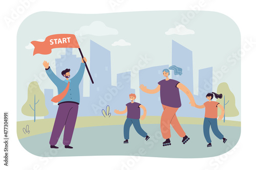Happy cartoon family roller skating in city park. Mother and children on roller skates, father holding start sign flat vector illustration. Family, outdoor activity concept for banner or landing page