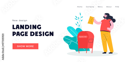 Girl putting letter in mailbox flat vector illustration. Happy female character sending letter by express mail. Delivery, correspondence concept for banner, website design or landing web page