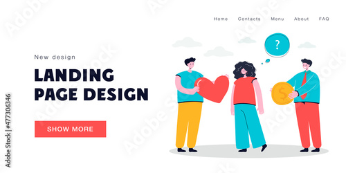 Woman choosing between love and money. Credit card, heart, wealth flat vector illustration. Relationship and happiness concept for banner, website design or landing web page