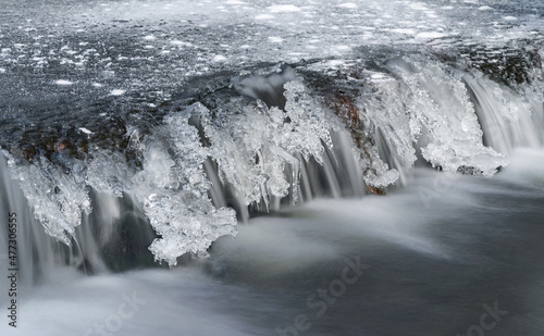Frozen river cascade with icicles, long exposure photo