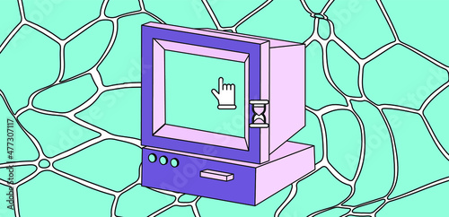 Old retro computer with CRT monitor. Vaporwave vintage style aesthetics.