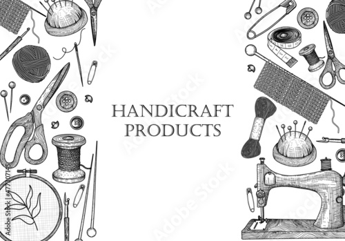 Vector banner template graphic linear handicraft products. Sewing machine, needle, thread on a spool and on balls, floss, embroidery, knitting needles and crochet hook, scissors, pin, hairpin photo