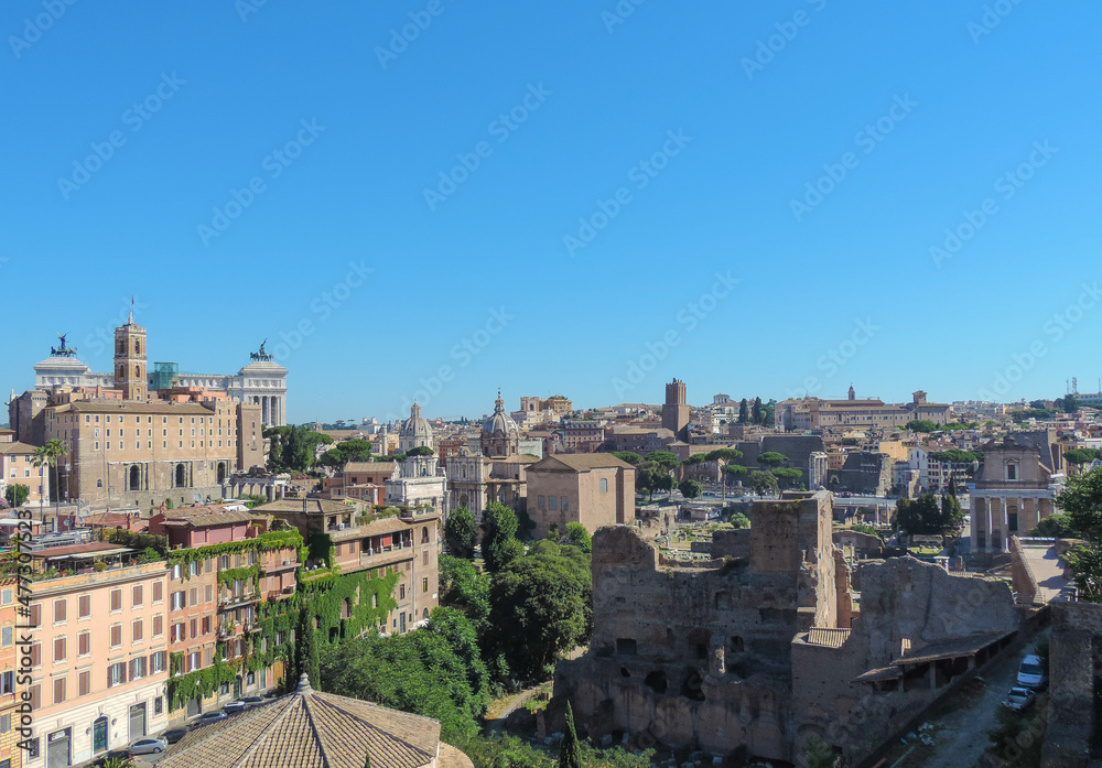 View of Foro Romano and it's many structures from viewpoint at Palatine Hill - Rome, Italy