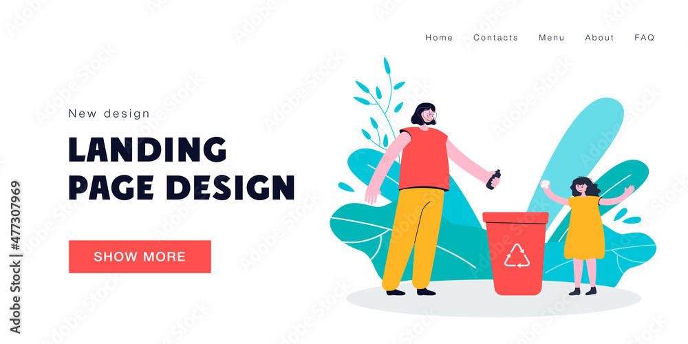 Mother and daughter throwing garbage into recycling bin. Woman and little girl placing food package in special basket. Ecology concept for banner, website design or landing page