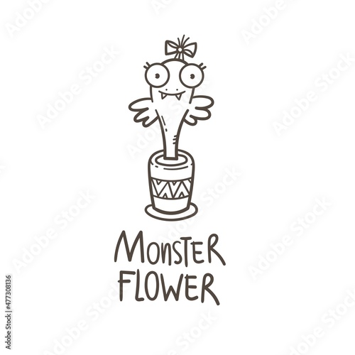 Card with cute plant monster. Comic drawing of  predatory flower. Vector doodle image.