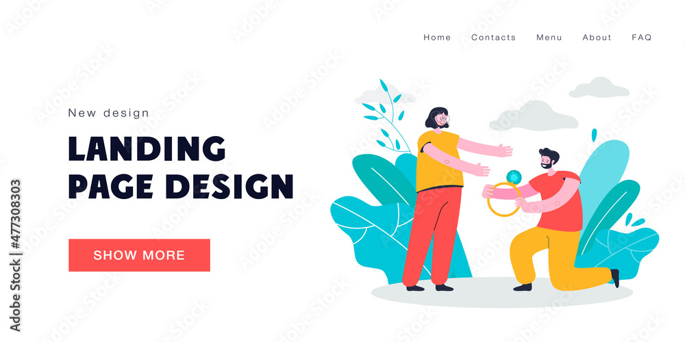 Obraz premium Man proposing to woman vector illustration. Male character standing on one knee giving wedding ring to happy smiling female. Proposal, marriage concept for banner, website design, landing web page