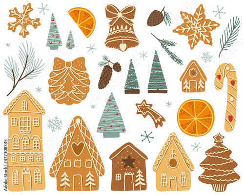 Vector set of gingerbread cookies, Christmas trees, snowflakes, branches, orange slices, New Year's mood, gingerbread houses and figurines