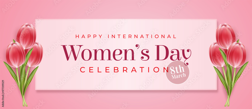 Happy women's day banner with element decoration on romantic pink background