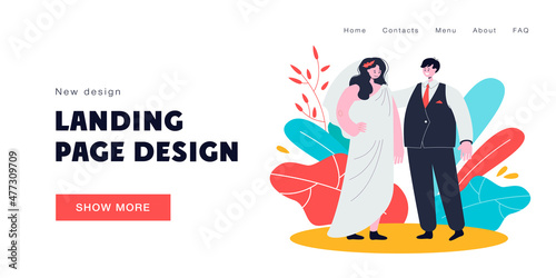 Man and woman at wedding vector illustration. Male character in suit and female in dress in Greek style together. Partying, going out concept for banner, website design, landing web page