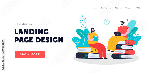 Tiny people reading books. Woman reading paper books. Man sitting with laptop. Self-education, school, knowledge concept for banner, website design or landing web page