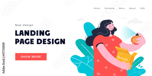 Woman enjoying perfume vector illustration. Young woman spraying, smelling cologne. Happy girl loving her toilet water. Perfume, cosmetics concept for banner, website design, landing .page
