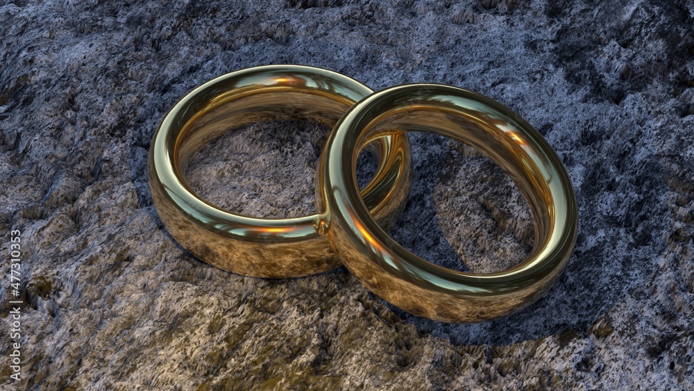 One gold wedding ring is on the other. A yellow beam illuminates two beautiful jewelry pieces against a dirty gray ground. 3D rendering. One gold wedding ring is on the other. A yellow beam illuminates two beautiful jewelry pieces against a dirty gray ground. 3D rendering.