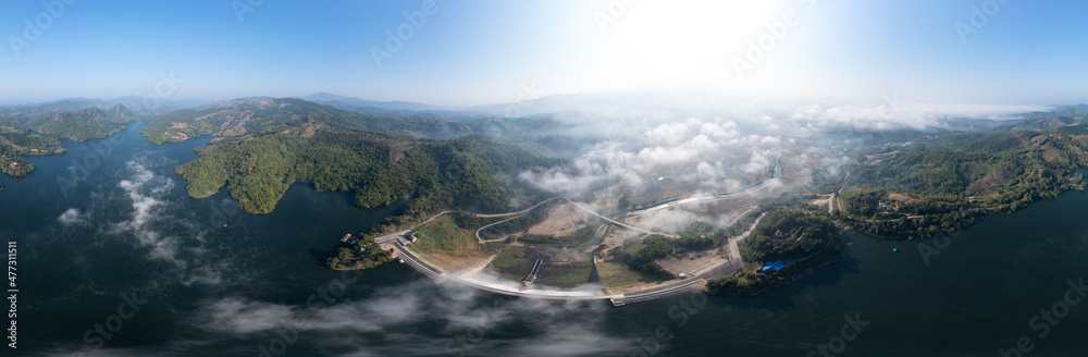 beautiful panoramic landscape aerial view mae suai dam or reservoir blue sky background at chiang rai Thailand - obrazy, fototapety, plakaty 