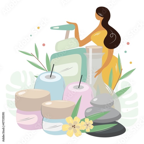 Girl and a large spa set of natural cosmetics. The woman presses the disinfection button. Accessories for home spas, baths and saunas. Protected, safe face and body care concept. Isolated vector flat.