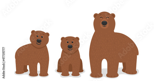 family of brown grizzly bears. mother a bear and two cubs.