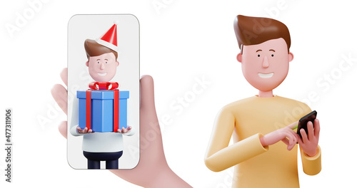 3d cartoon man sending a man holding gift box messages on smartphone.