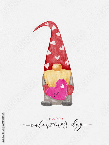 Valentine cute Gnomes holding envelope with heart.Greeting card St.Valentine leprechaun with pink hat,Vector Watercolour Scandinavian Dwarfs on white paper for Valenties Holiday background photo
