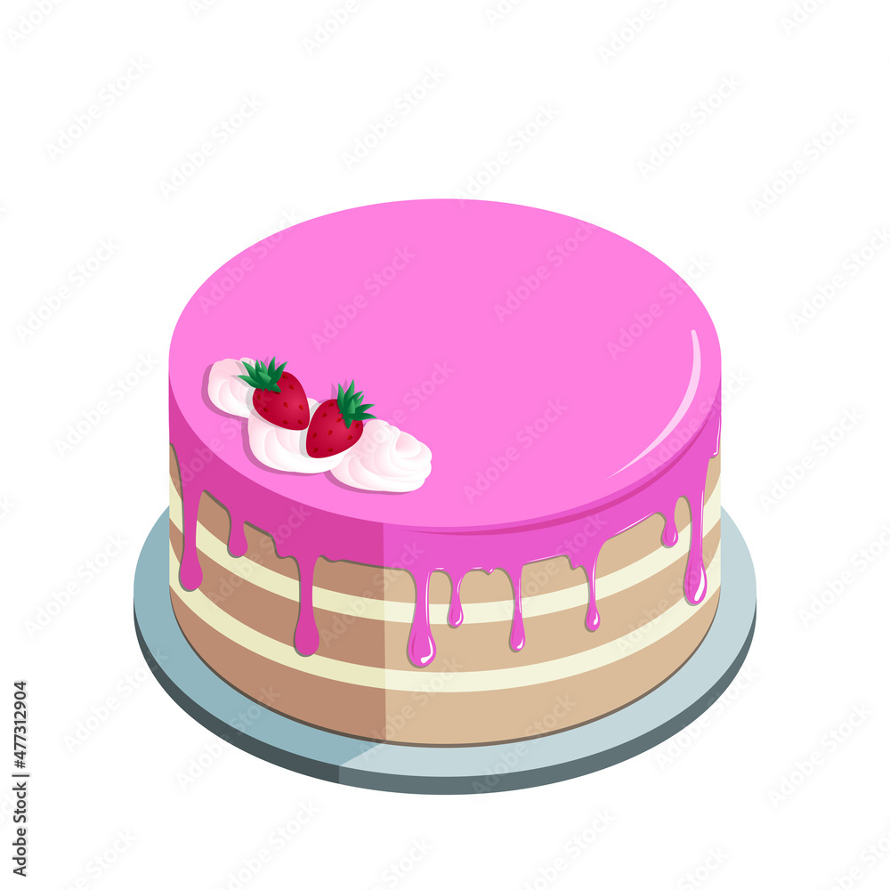 A beautiful birthday cake for a birthday, anniversary, wedding or other celebration. Layered sweet cake with pink cream and strawberries, glossy frosting and whipped cream. A beautiful birthday cake for a birthday, anniversary, wedding or other celebration. Layered sweet cake with pink cream and strawberries, glossy frosting and whipped cream.