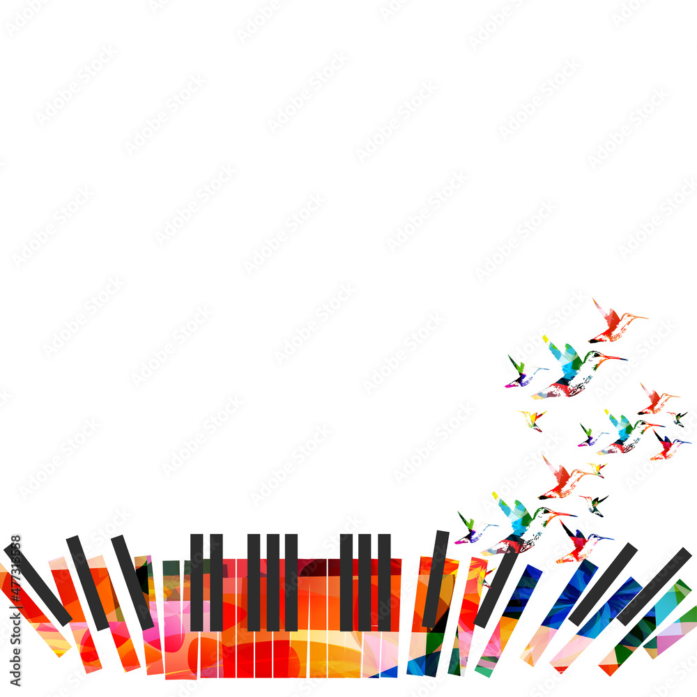 Fototapeta premium Piano keys with hummingbirds isolated for live concert events, jazz music festivals and shows, party flyer. Musical promotional poster with piano keyboard colorful vector illustration