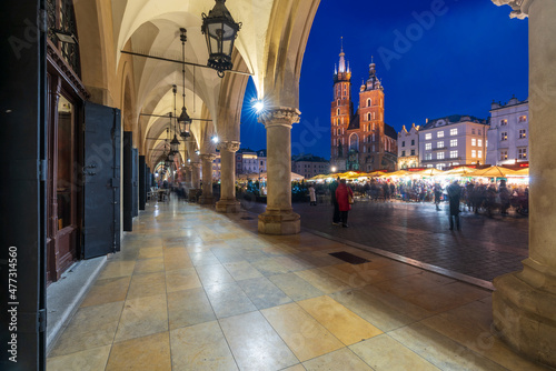 Krakow, Poland December 15, 2021; The architecture of the city of Krakow in the Lesser Poland Voivodeship in the evening time