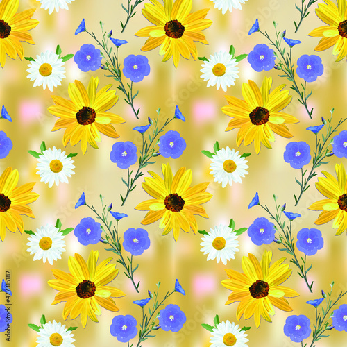 Flowers of sunflower, chamomile, flax, flowers and blossoms linen close up, brown abstract background, seamless floral pattern, EPS 10 vector.