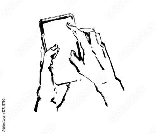 hand-drawn drawing. hands are holding the phone, thin lines