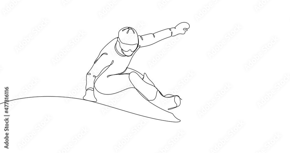 Animated continuous one line drawing of snowboard athlete. Outdoor extreme sport. Winter season sport. Animated continuous one line drawing of snowboard athlete. Outdoor extreme sport. Winter season sport.